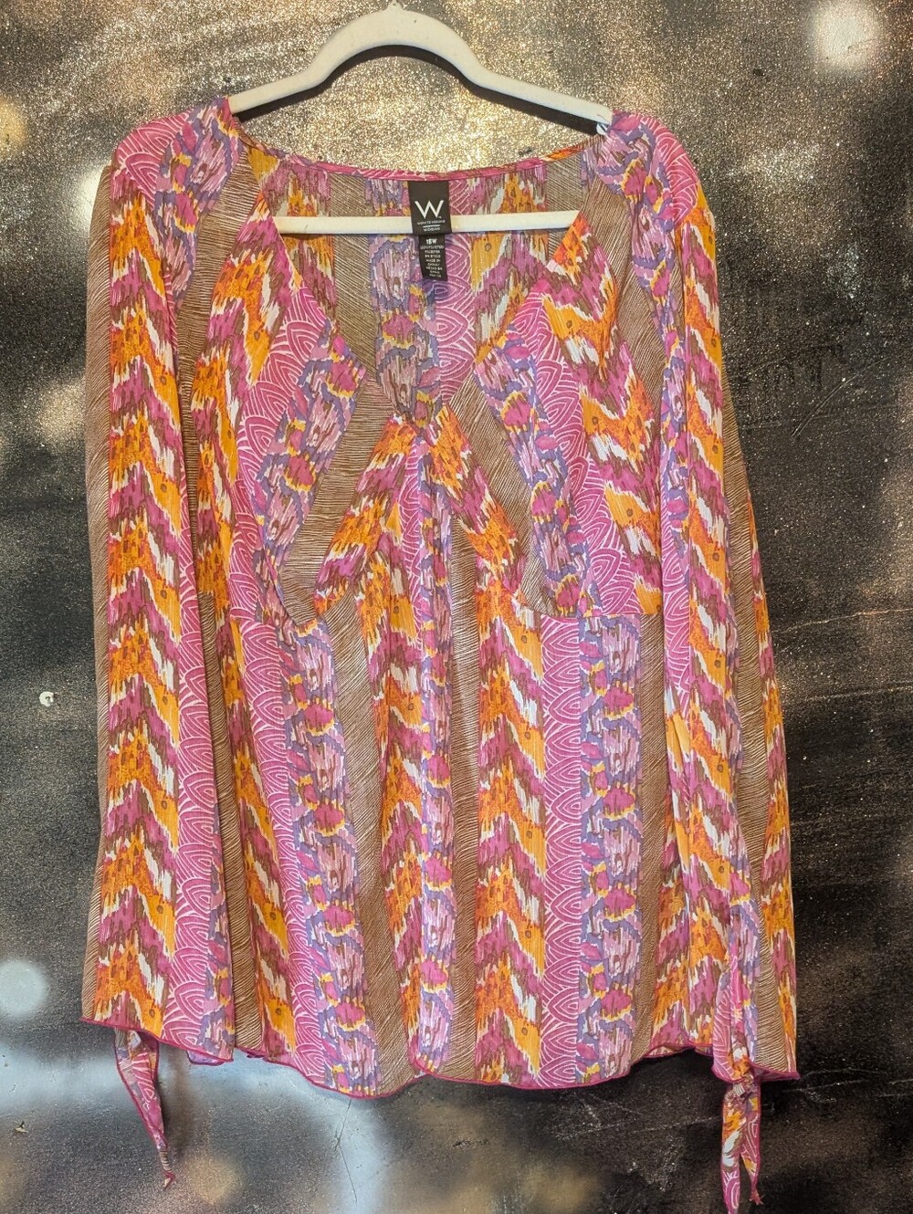 W by Worth Pink & Orange Printed V-Neck Blouse with Tie Cuffs